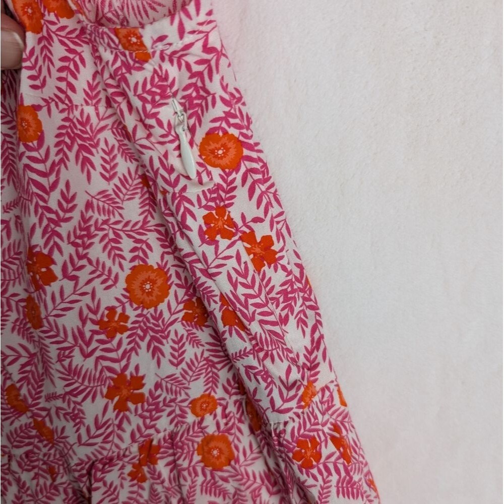 J. Crew Dress Floral Tiered Ruffle Sleeveless Midi Cotton Pink Orange Size 2 - Picture 8 of 9
